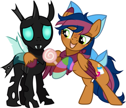 Size: 735x629 | Tagged: safe, artist:skairsy, thorax, oc, oc:solar comet, changeling, pegasus, pony, bow, open mouth, tail bow