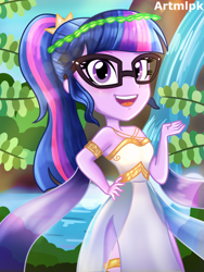Size: 1536x2048 | Tagged: safe, artist:artmlpk, sci-twi, twilight sparkle, equestria girls, adorable face, adorkable, beautiful, blushing, clothes, costume, crown, cute, design, digital art, dork, dress, female, greek, greek goddess, greek mythology, hand on hip, jewelry, leaf, looking at you, open mouth, outfit, palm leaf, palm tree, princess costume, regalia, smiling, smiling at you, solo, tree, twiabetes, waterfall