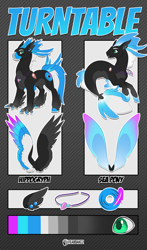 Size: 3602x6134 | Tagged: safe, artist:kez, oc, oc only, oc:turntable, classical hippogriff, hippogriff, seapony (g4), beak, claws, commission, cutie mark, ear piercing, earring, feather, fins, hippogriff oc, hooves, jewelry, male, necklace, pearl necklace, piercing, record, reference sheet, seapony (g4) oc, signature, solo, tail, text, unshorn fetlocks, wings