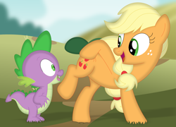 Size: 3527x2543 | Tagged: safe, artist:porygon2z, derpibooru import, applejack, spike, dragon, earth pony, pony, applebutt, applespike, butt, eyes on the prize, female, male, mare, missing accessory, shipping, straight