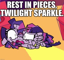 Size: 813x767 | Tagged: safe, edit, edited screencap, screencap, twilight sparkle, twilight sparkle (alicorn), alicorn, pony, my little pony: pony life, pinkie pie: hyper-helper, spoiler:pony life s01e06, broken, caption, cartoon physics, cropped, dead, image macro, implied death, pun, shattered, solo, text, twibreaking
