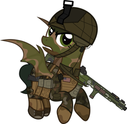 Size: 1920x1879 | Tagged: safe, artist:n0kkun, oc, oc only, oc:rapid fire (ice1517), bat pony, pony, american flag, armor, assault rifle, bat pony oc, bat wings, belt, boots, camouflage, clothes, commission, dirt, face paint, female, flag, flying, gloves, gritted teeth, gun, handgun, helmet, holster, mare, mud, pants, pistol, pouch, rifle, shoes, simple background, solo, transparent background, weapon, wings