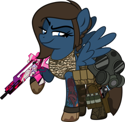 Size: 1920x1876 | Tagged: safe, artist:n0kkun, oc, oc only, oc:smoke jewel, pegasus, pony, assault rifle, belt, boots, camouflage, clothes, commission, dirt, female, g36, gas mask, gloves, grenade, gun, handgun, holster, m1911, mare, mask, midriff, mud, pants, pistol, pouch, raised hoof, rifle, shoes, simple background, smiling, smirk, smug, solo, tanktop, tattoo, transparent background, weapon