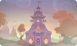 Size: 954x572 | Tagged: safe, background, building, carousel boutique, gameloft, mostly clear, no pony, outdoors, partly cloudy, resource, tree, twilight (astronomy)