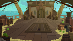 Size: 1136x640 | Tagged: safe, apple, background, cloud, crate, food, gameloft, no pony, ocean, outdoors, pirate ship, resource