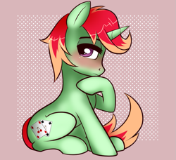 Size: 725x662 | Tagged: safe, artist:ponycide, oc, oc only, oc:jonin, unicorn, blushing, looking at you, sitting, solo