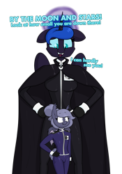 Size: 1697x2421 | Tagged: safe, artist:moonatik, nightmare moon, oc, oc:selenite, alicorn, anthro, bat pony, bat pony oc, bat wings, cape, clothes, dialogue, epaulettes, female, gloves, mare, military uniform, missing accessory, sharp teeth, simple background, size difference, smol, tall, teeth, transparent background, wings