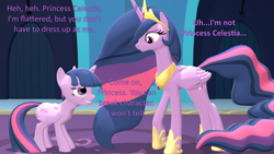 Size: 1920x1080 | Tagged: safe, artist:red4567, princess twilight 2.0, twilight sparkle, twilight sparkle (alicorn), alicorn, pony, the last problem, 3d, atg 2020, crown, dialogue, ethereal hair, ethereal mane, ethereal tail, hoof shoes, jewelry, necklace, newbie artist training grounds, ponidox, regalia, self paradox, self ponidox, sfm pony, size difference, source filmmaker, this will end in twilighting, tiara, time paradox