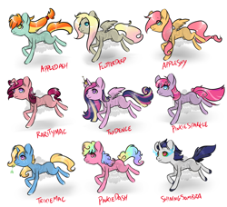 Size: 2300x2100 | Tagged: safe, artist:lavvythejackalope, oc, oc only, alicorn, earth pony, pegasus, pony, unicorn, alicorn oc, base used, colored hooves, crown, earth pony oc, eye clipping through hair, horn, jewelry, magical gay spawn, magical lesbian spawn, multicolored hair, offspring, parent:applejack, parent:big macintosh, parent:fluttershy, parent:king sombra, parent:pinkie pie, parent:princess cadance, parent:rainbow dash, parent:rarity, parent:shining armor, parent:trixie, parent:twilight sparkle, parents:appledash, parents:appleshy, parents:derpyshy, parents:pinkiedash, parents:rarimac, parents:shiningsombra, parents:trixmac, parents:twidance, parents:twinkie, pegasus oc, rainbow hair, regalia, running, simple background, smiling, sombra eyes, straw in mouth, unicorn oc, white background, wings