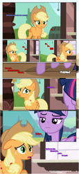 Size: 1919x4225 | Tagged: safe, artist:estories, derpibooru import, applejack, twilight sparkle, twilight sparkle (alicorn), alicorn, earth pony, pony, comic:a(pple)ffection, applejack's hat, comic, cowboy hat, disappointed, floppy ears, hat, show accurate, twilight is not amused, unamused, vector, worried