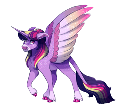 Size: 2000x1700 | Tagged: safe, alternate version, artist:uunicornicc, twilight sparkle, twilight sparkle (alicorn), alicorn, pony, cloven hooves, colored wings, colored wingtips, leonine tail, multicolored wings, older, older twilight, simple background, solo, unshorn fetlocks, white background, wings