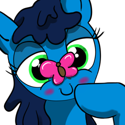 Size: 1500x1500 | Tagged: safe, anonymous artist, oc, oc only, butterfly, pony, /mlp/, blushing, bust, cute, female, happy, hoof on chin, lidded eyes, mare, simple background, smiling, solo, unnamed oc, white background