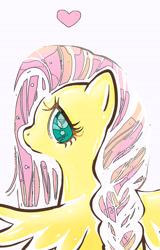 Size: 2546x3969 | Tagged: safe, artist:bubblerubble, derpibooru import, fluttershy, pegasus, pony, bust, cute, female, heart, high res, looking at you, looking back, looking back at you, mare, no pupils, profile, rear view, shyabetes, simple background, solo, spread wings, white background, wings