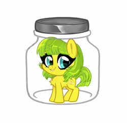 Size: 1800x1736 | Tagged: safe, alternate version, artist:techycutie, oc, oc only, oc:lemon drop, earth pony, pony, earth pony oc, female, jar, lewd container meme, mare, simple background, smiling, solo, white background, ych result