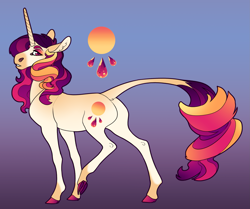 Size: 2499x2090 | Tagged: safe, artist:turnipberry, oc, oc only, classical unicorn, pony, unicorn, cloven hooves, cutie mark, female, gradient background, leonine tail, magical lesbian spawn, mare, offspring, parent:rarity, parent:sunset shimmer, parents:sunsarity, realistic horse legs, solo