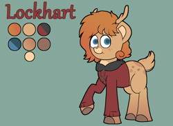 Size: 1363x998 | Tagged: safe, artist:retro_hearts, oc, oc only, oc:lockhart, deer, deer pony, original species, pony, blue eyes, clothes, cute, deer oc, freckles, hoodie, male, outline, reference sheet, simple background, smiling, solo