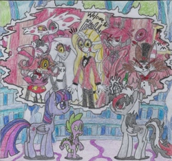 Size: 1771x1659 | Tagged: safe, artist:nephilim rider, derpibooru import, spike, twilight sparkle, twilight sparkle (alicorn), oc, oc:heaven lost, alicorn, demon, dragon, alastor, angel dust, charlie (hazbin hotel), crossover, happy, hazbin hotel, husk, niffty, smiling, traditional art, vaggie, winged spike