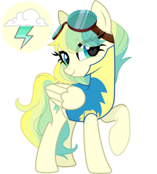 Size: 2000x2224 | Tagged: safe, artist:kaitomy, oc, oc only, oc:cloudy zap, pegasus, pony, clothes, female, goggles, heart eyes, icey-verse, mare, multicolored hair, offspring, parent:sky stinger, parent:vapor trail, parents:vaporsky, raised hoof, simple background, solo, uniform, white background, wingding eyes, wonderbolt trainee uniform