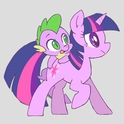 Size: 600x600 | Tagged: safe, artist:tsukisayu, derpibooru import, spike, twilight sparkle, unicorn twilight, dragon, pony, unicorn, cute, duo, female, gray background, male, mare, open mouth, profile, simple background