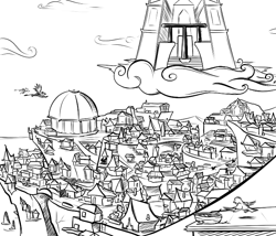 Size: 700x600 | Tagged: safe, artist:sirvalter, griffon, fanfic:steyblridge chronicle, black and white, castle, city, cloud, fanfic, fanfic art, grayscale, illustration, island, monochrome