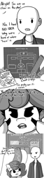 Size: 2250x9000 | Tagged: safe, artist:tjpones, edit, oc, oc only, oc:brownie bun, oc:richard, earth pony, human, pony, comic:covert ops, horse wife, comic, dialogue, female, hot dog costume, jewelry, male, mare, monochrome, necklace, pearl necklace, simple background, white background