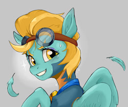 Size: 1506x1262 | Tagged: safe, artist:twitchykismet, lightning dust, pegasus, pony, bust, clothes, cute, dustabetes, feather, female, goggles, gray background, looking at you, looking back, looking back at you, mare, portrait, simple background, smiling, solo, sweat, uniform, wonderbolt trainee uniform