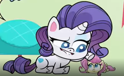 Size: 415x258 | Tagged: safe, derpibooru import, screencap, fluttershy, rarity, pegasus, pony, unicorn, cute-pocalypse meow, my little pony: pony life, spoiler:pony life s01e03, cute, female, mare, micro, patting, shyabetes, smug