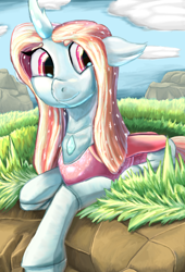 Size: 1080x1584 | Tagged: safe, artist:firefanatic, ocellus, changedling, changeling, changeling queen, alternate design, changedling queen, cliff, cloud, cute, diaocelles, female, grass, grass field, long mane, lying down, older, older ocellus, outdoors, prone, queen ocellus, sky, smiling