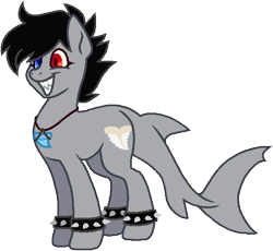 Size: 550x506 | Tagged: safe, artist:gaines, oc, oc only, oc:kauika, original species, shark, shark pony, cutie mark, heterochromia, punk, shark tail, shark teeth, shark tooth, shark tooth necklace, simple background, smiling, solo, transparent background