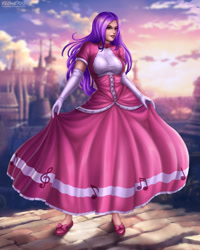 Size: 2458x3072 | Tagged: source needed, safe, artist:flowerxl, oc, oc only, human, beautiful, breasts, canterlot castle, clothes, corset, cute, dress, female, humanized, lady, music, music notes, princess, princess dress, solo, woman