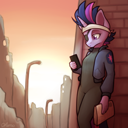 Size: 2000x2000 | Tagged: safe, artist:ohemo, derpibooru import, twilight sparkle, unicorn twilight, anthro, unicorn, it's about time, alternate hairstyle, atg 2020, bandage, catsuit, cellphone, city, clothes, eyepatch, female, future twilight, jacket, mare, newbie artist training grounds, newspaper, phone, solo