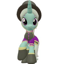 Size: 651x720 | Tagged: safe, artist:topsangtheman, cornetta, pony, unicorn, 3d, clothes, hat, looking at you, looking down at you, raised hoof, simple background, solo, source filmmaker, transparent background, uniform