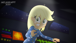 Size: 8000x4500 | Tagged: safe, artist:metalhead97, applejack, comic:applejack gets anal probed, equestria girls, applejack's hat, breasts, clothes, cowboy hat, dark, freckles, hat, nervous, pajamas, scared, show accurate, spaceship