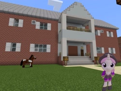 Size: 2048x1536 | Tagged: safe, artist:topsangtheman, twinkleshine, horse, pony, unicorn, topsangtheman's minecraft server, 3d, clothes, hat, house, looking at you, minecraft, photoshopped into minecraft, solo, source filmmaker, uniform