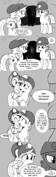 Size: 960x3000 | Tagged: safe, artist:mamatwilightsparkle, derpibooru import, limestone pie, spike, twilight sparkle, dragon, pony, unicorn, baby, baby spike, cave, comic, dialogue, diaper, harsher in hindsight, headlamp, heart, helmet, mama twilight, mama twilight sparkle, mining helmet, monochrome, prejudice, riding, sad, tumblr, younger