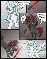 Size: 1280x1600 | Tagged: safe, artist:redpalette, oc, pegasus, unicorn, comic, female, lightsaber, mare, meme, simp, star wars, thot, weapon