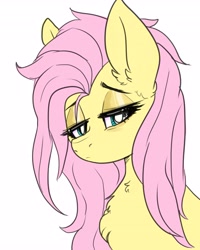 Size: 3277x4096 | Tagged: safe, artist:h0rsefeathers, derpibooru import, fluttershy, pegasus, pony, bust, cute, ear fluff, messy mane, shyabetes, simple background, sleepy, solo, white background