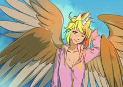 Size: 1400x988 | Tagged: safe, artist:bakki, oc, oc:rainbow feather, human, alicorn humanization, clothes, crown, four wings, grifficorn, grifficorn humanization, horn, horned humanization, humanized, interspecies offspring, jewelry, magical lesbian spawn, messy hair, multiple wings, offspring, pajamas, parent:gilda, parent:rainbow dash, parents:gildash, princess, regalia, sleepy, solo, winged humanization, wings
