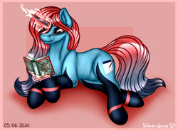 Size: 3134x2307 | Tagged: safe, artist:silvershine, oc, oc only, oc:crimson skies, pony, unicorn, book, commission, magic, reading, simple background