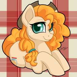 Size: 2995x2996 | Tagged: safe, artist:gleamydreams, pear butter, earth pony, pony, cowboy hat, cute, female, freckles, hat, high res, mare, pearabetes, plaid, prone, smiling, solo