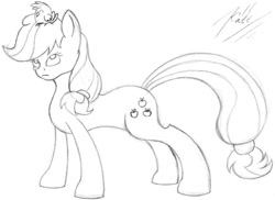 Size: 1024x745 | Tagged: safe, artist:killkatt, derpibooru import, applejack, bird, earth pony, pony, cutie mark, monochrome, simple background, solo, traditional art, white background