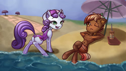 Size: 3840x2160 | Tagged: safe, artist:alexsavenije, button mash, sweetie belle, earth pony, unicorn, beach, belly button, chest fluff, clothes, date, dock, ocean, on back, one eye closed, one-piece swimsuit, open mouth, swimsuit, umbrella