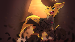 Size: 3840x2160 | Tagged: safe, artist:totally_fox, oc, oc:darren cuffs, earth pony, pony, breach, bulletproof vest, clothes, explosion, gloves, gun, male, police, police officer, rifle, solo, tactical vest, uniform, vest, weapon