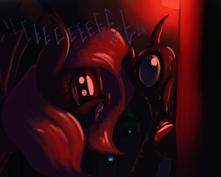 Size: 2500x2000 | Tagged: safe, artist:t72b, derpibooru exclusive, bat pony, changeling, pony, behaving like a bat, bipedal, dark, dilated pupils, eeee, eyes on the prize, fangs, frown, grin, mare, nervous, scared, smiling, squee, sweat, up against the wall, wavy mouth