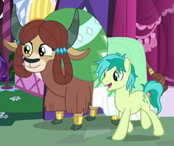 Size: 608x510 | Tagged: safe, screencap, sandbar, yona, earth pony, pony, yak, the last problem, carousel boutique, cloven hooves, cropped, female, male, monkey swings, older, older sandbar, older yona, stallion