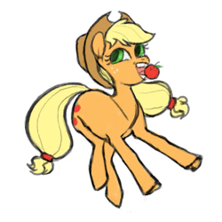 Size: 737x737 | Tagged: safe, artist:novuerau, derpibooru import, applejack, earth pony, pony, apple, cowboy hat, female, food, hat, herbivore, mare, mouth hold, simple background, solo, underhoof, white background