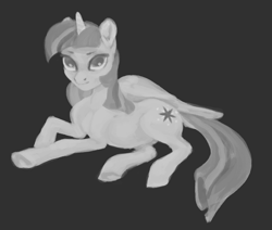 Size: 871x737 | Tagged: safe, artist:novuerau, derpibooru import, twilight sparkle, twilight sparkle (alicorn), alicorn, pony, female, gray background, grayscale, lying down, mare, monochrome, simple background, solo, underhoof