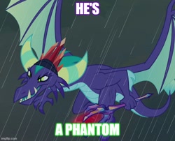 Size: 618x500 | Tagged: safe, edit, edited screencap, screencap, gaius (dragon), dragon, the hearth's warming club, bloodstone scepter, caption, cropped, danny phantom, dragon crown, dragon lord, flying, image macro, male, meme, rain, solo, text, trap, wings