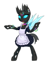Size: 3432x4576 | Tagged: safe, artist:kovoranu, oc, oc only, oc:trill, changeling, bell, bell collar, bipedal, bracelet, cat bell, changeling oc, clothes, collar, commission, ear piercing, female, glowstick, horn, horn ring, jewelry, maid, piercing, simple background, solo, transparent background