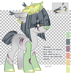 Size: 1877x1952 | Tagged: safe, artist:shelin_arts, oc, oc only, earth pony, pony, undead, zombie, zombie pony, bite mark, blank flank, colored hooves, colored pupils, colored sclera, ear fluff, engrish, eye clipping through hair, female, looking at you, mare, open mouth, scar, signature, solo, stitches, torn ear, unnamed oc